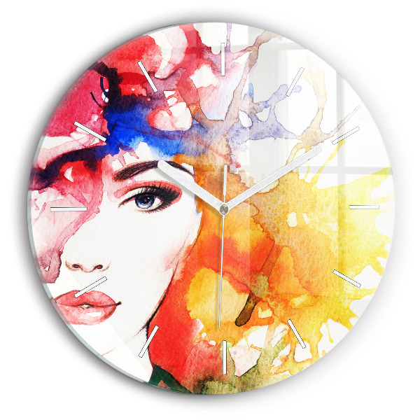 Round glass wall clock Colorful portrait of a woman