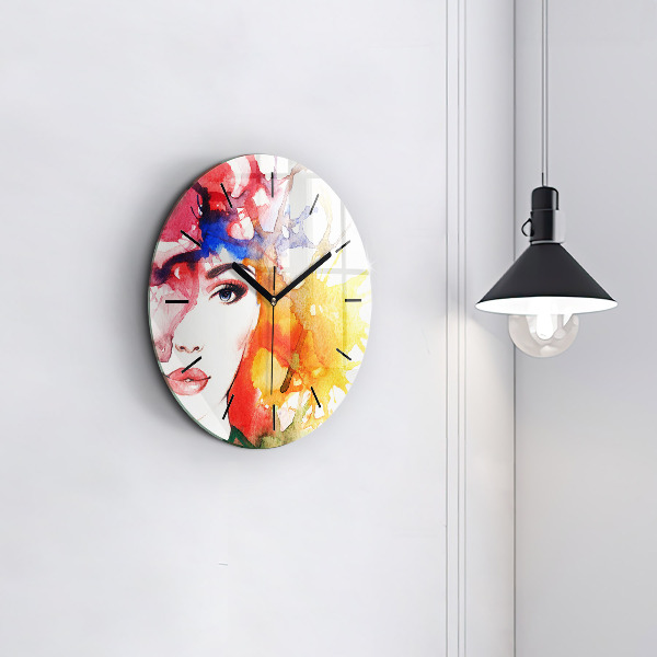 Round glass wall clock Colorful portrait of a woman