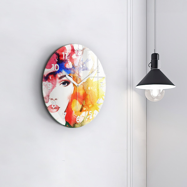 Round glass wall clock Colorful portrait of a woman