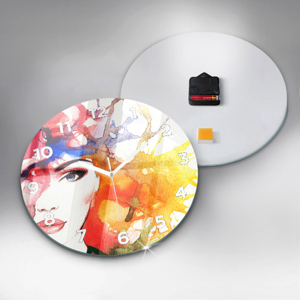 Round glass wall clock Colorful portrait of a woman