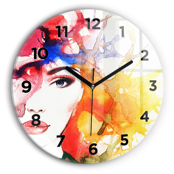 Round glass wall clock Colorful portrait of a woman
