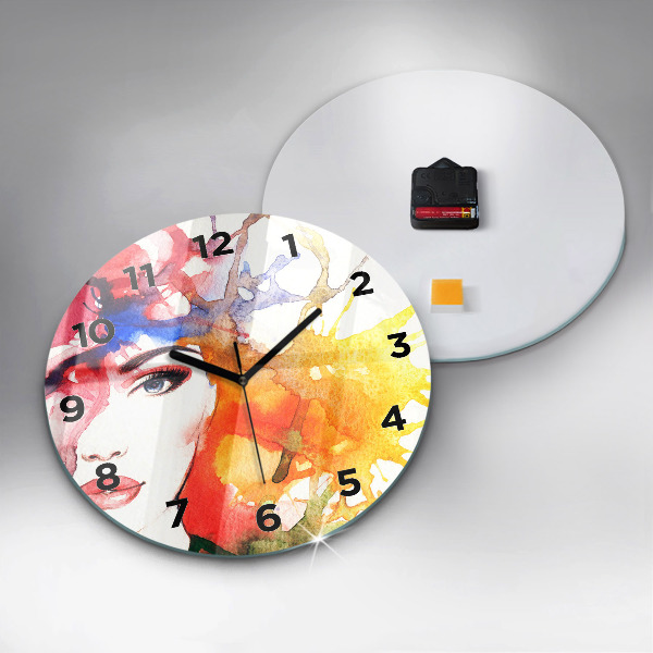 Round glass wall clock Colorful portrait of a woman