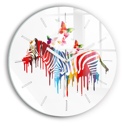 Round glass wall clock Colorful zebra