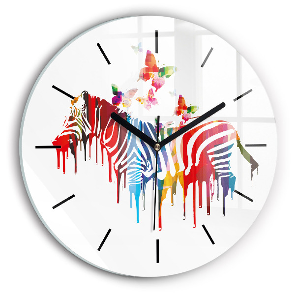 Round glass wall clock Colorful zebra