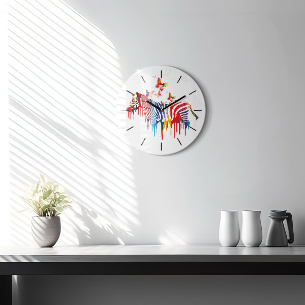 Round glass wall clock Colorful zebra