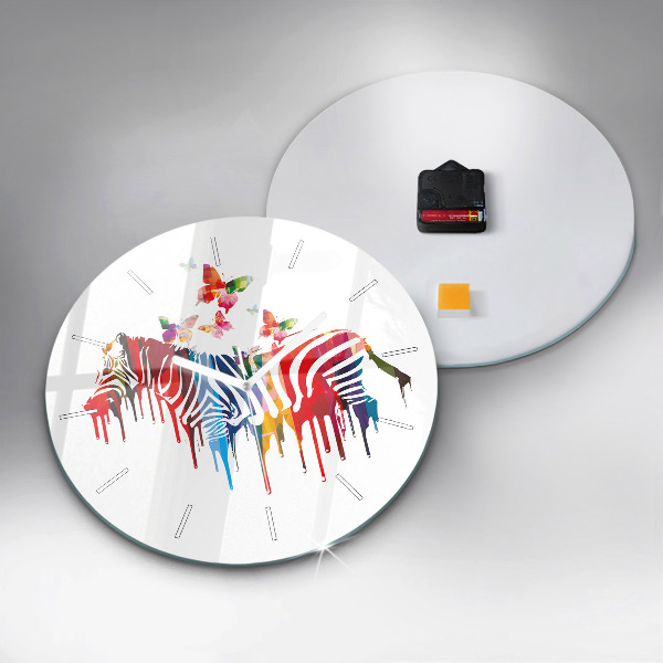 Round glass wall clock Colorful zebra