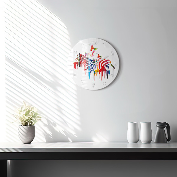 Round glass wall clock Colorful zebra