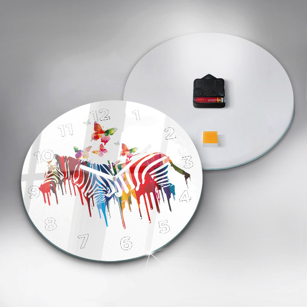 Round glass wall clock Colorful zebra