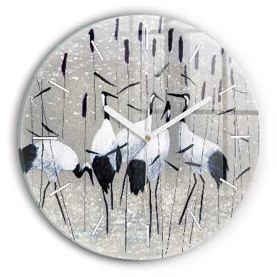 Round glass wall clock Cranes in the reeds