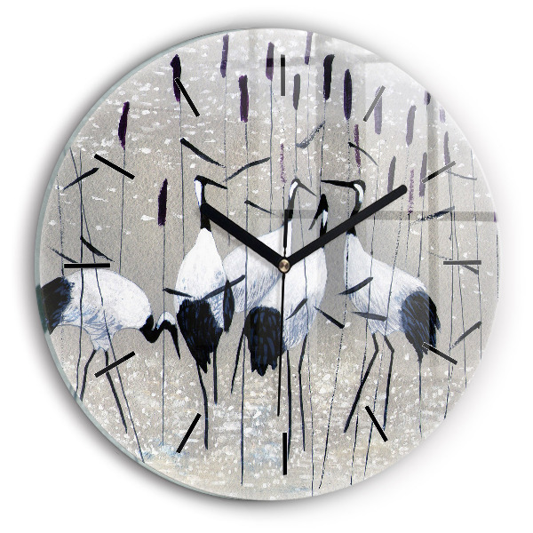 Round glass wall clock Cranes in the reeds