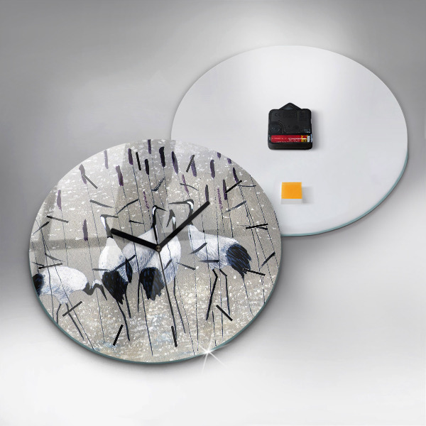 Round glass wall clock Cranes in the reeds