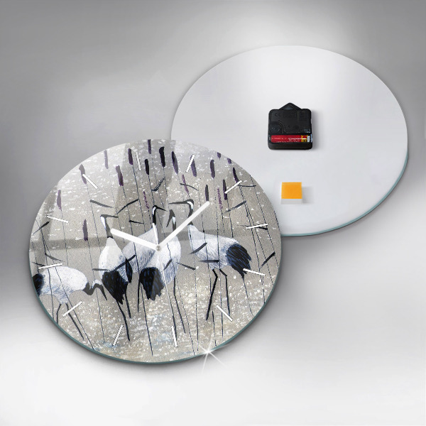 Round glass wall clock Cranes in the reeds