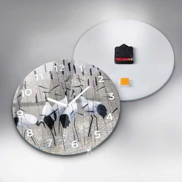Round glass wall clock Cranes in the reeds
