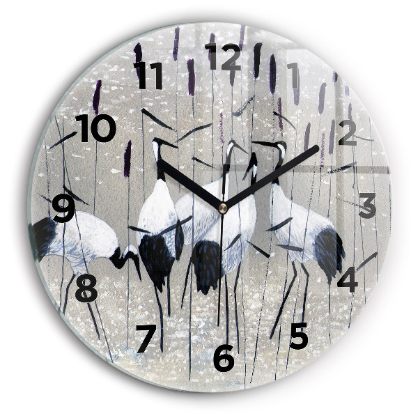 Round glass wall clock Cranes in the reeds