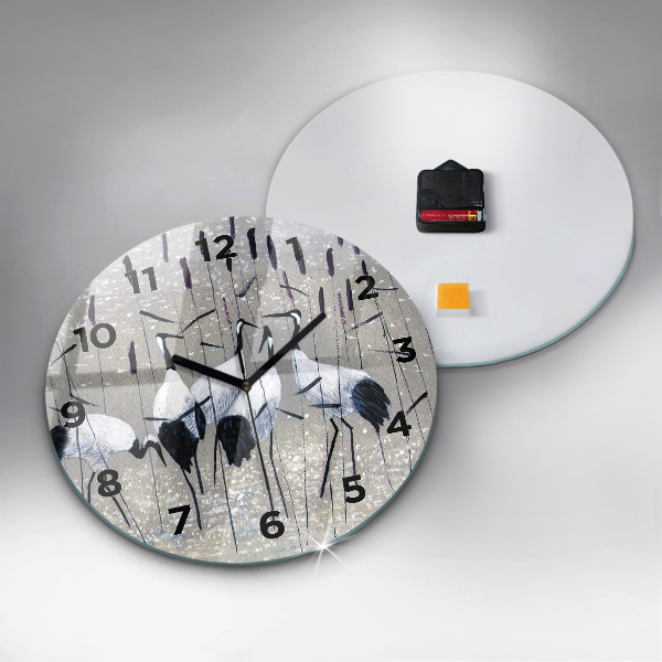 Round glass wall clock Cranes in the reeds