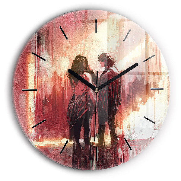 Round glass wall clock Young couple in love