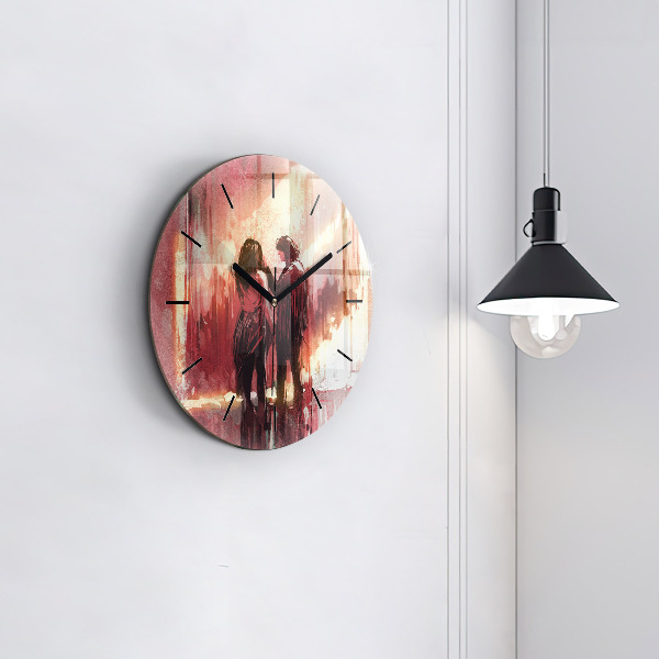 Round glass wall clock Young couple in love