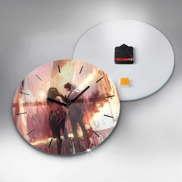 Round glass wall clock Young couple in love