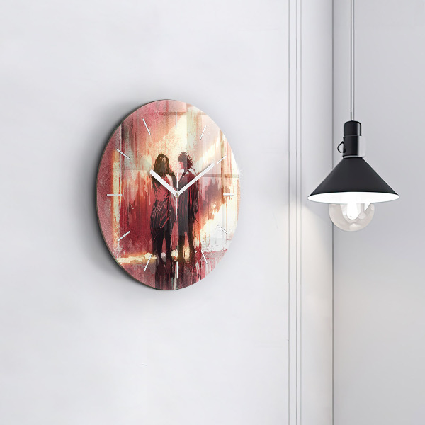 Round glass wall clock Young couple in love