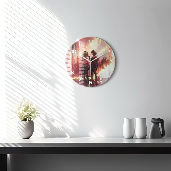 Round glass wall clock Young couple in love