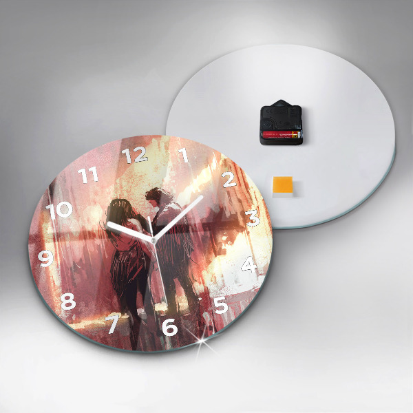 Round glass wall clock Young couple in love