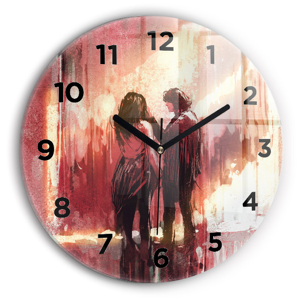 Round glass wall clock Young couple in love