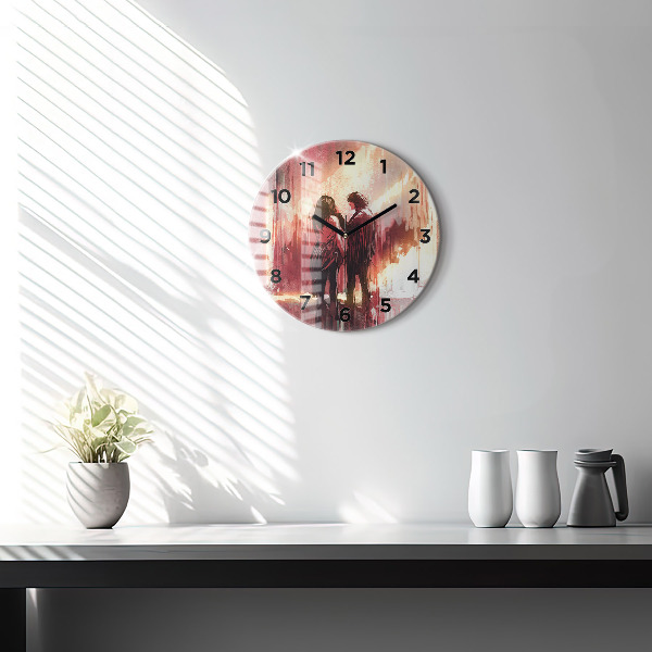 Round glass wall clock Young couple in love