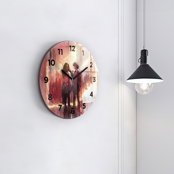Round glass wall clock Young couple in love