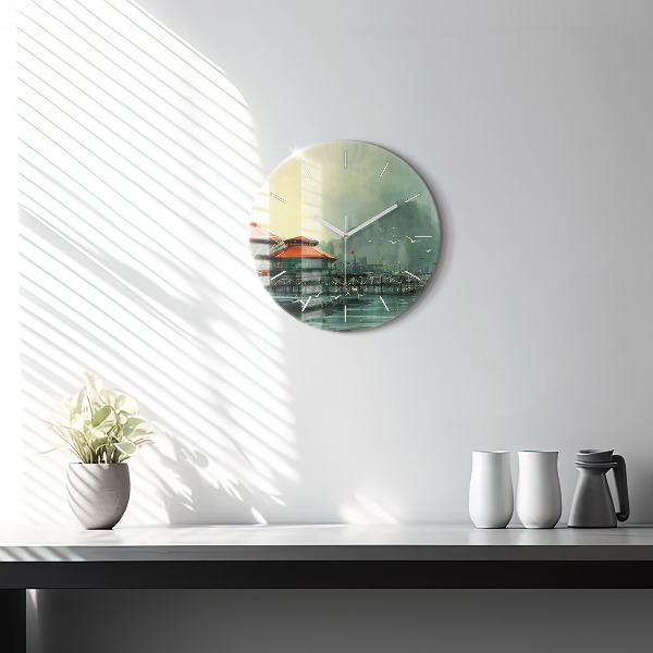 Round glass wall clock Fishing village