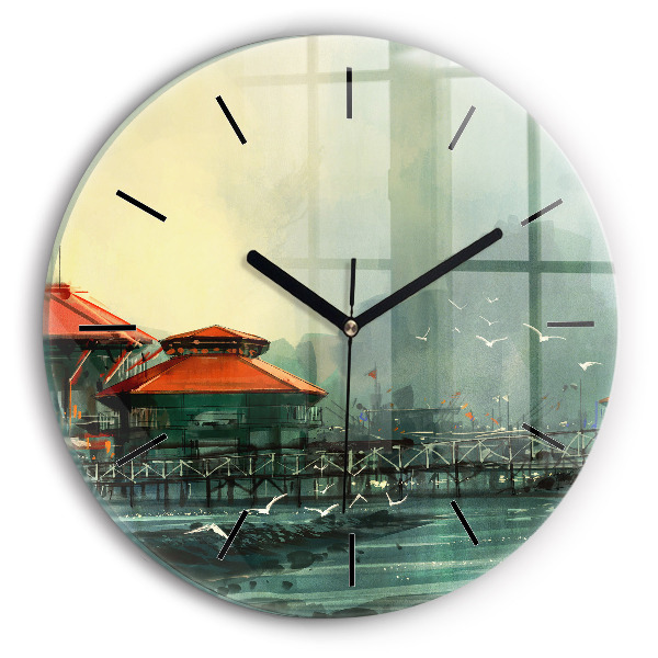 Round glass wall clock Fishing village