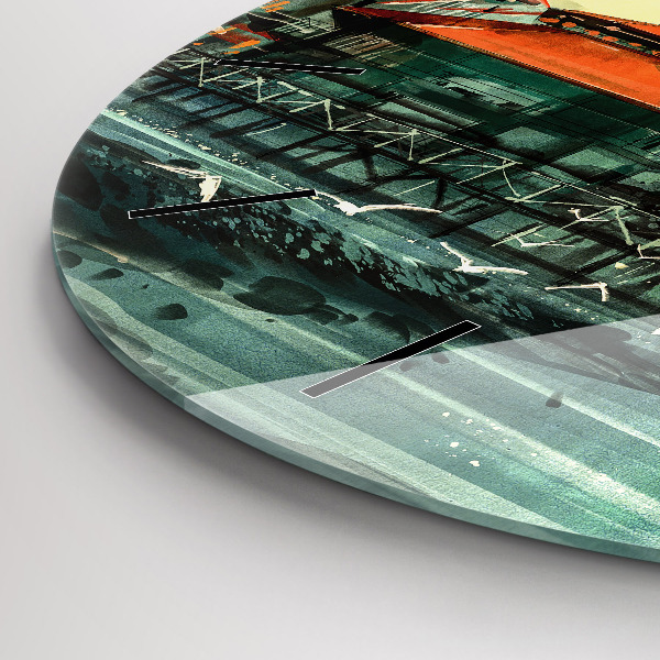 Round glass wall clock Fishing village