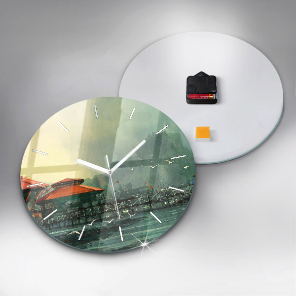 Round glass wall clock Fishing village