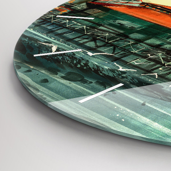 Round glass wall clock Fishing village