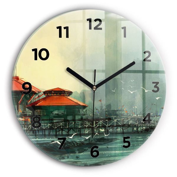 Round glass wall clock Fishing village