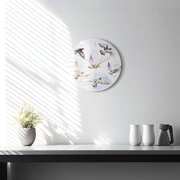 Round glass wall clock Flying birds