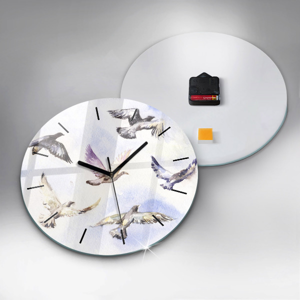 Round glass wall clock Flying birds
