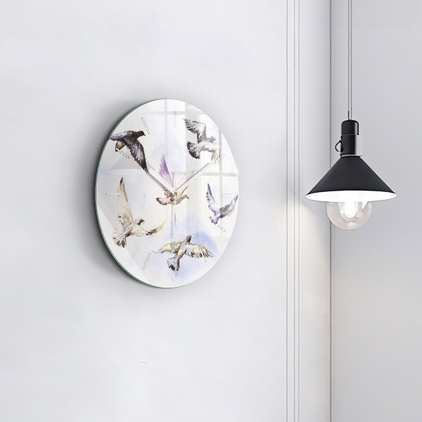Round glass wall clock Flying birds