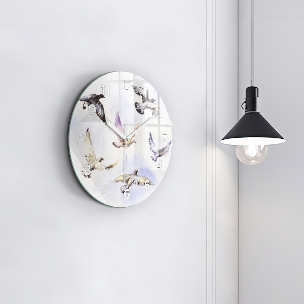 Round glass wall clock Flying birds
