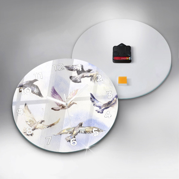 Round glass wall clock Flying birds
