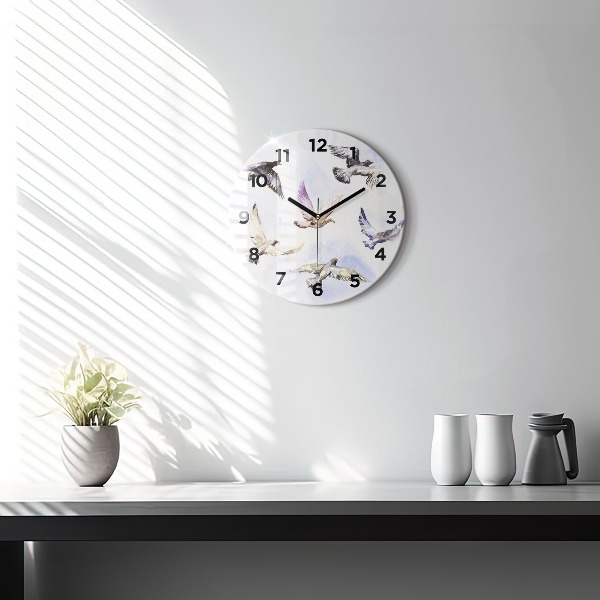 Round glass wall clock Flying birds