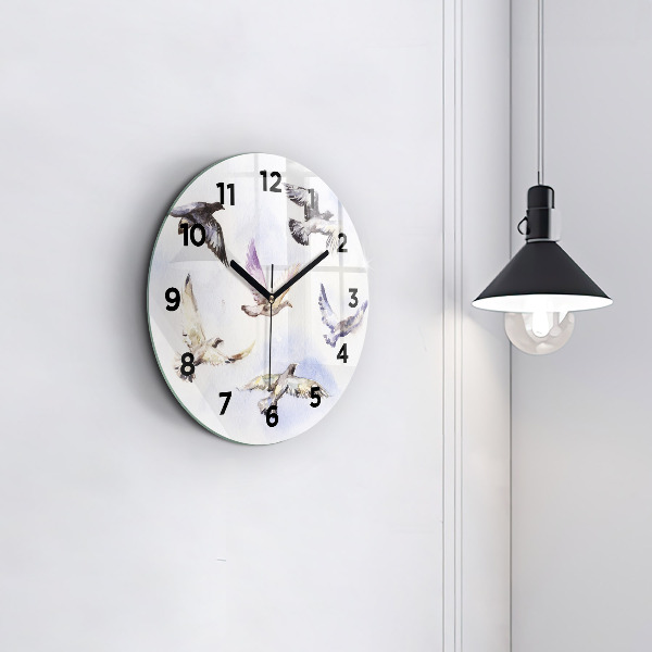 Round glass wall clock Flying birds