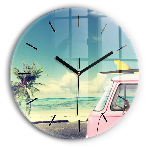 Round glass wall clock Car with surfboard