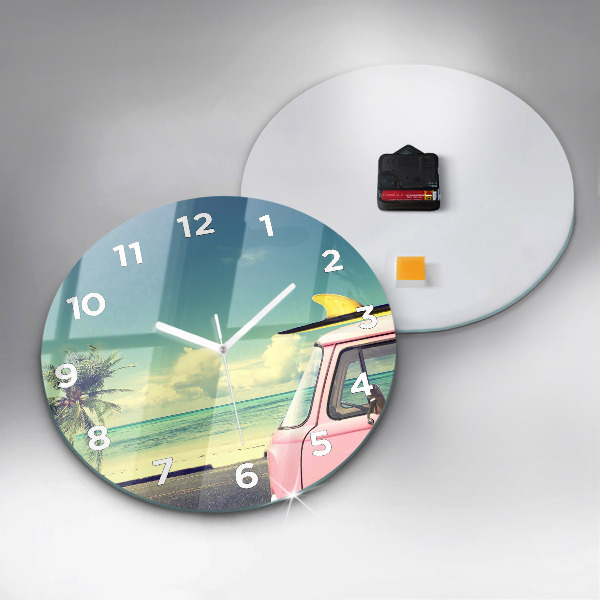 Round glass wall clock Car with surfboard