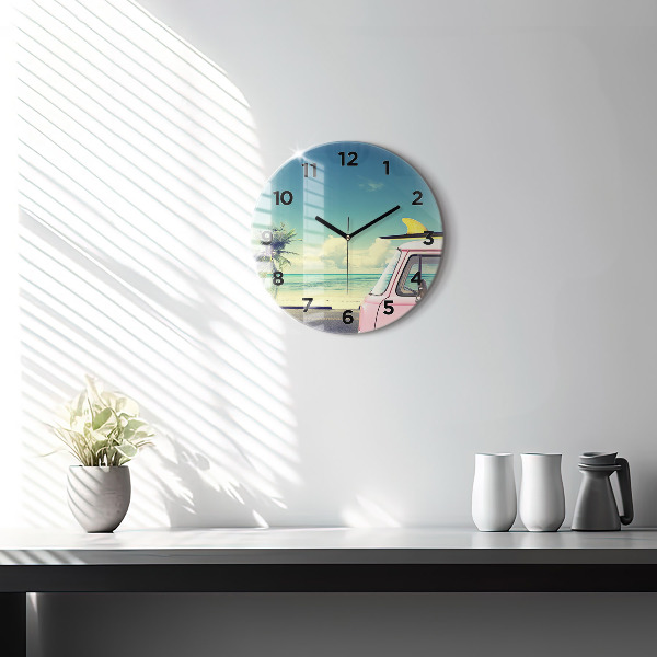 Round glass wall clock Car with surfboard