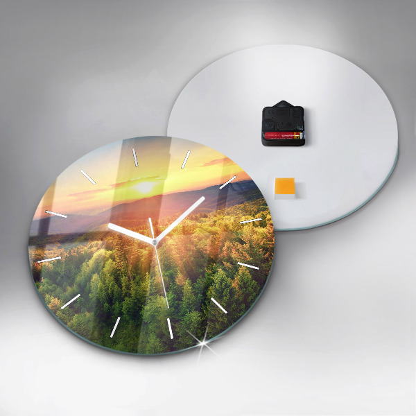 Round glass wall clock Sunset over the hills