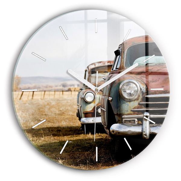 Round glass wall clock Old cars