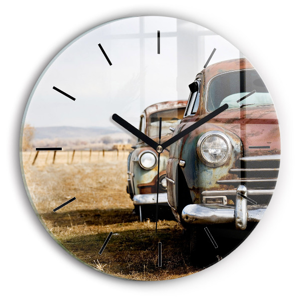 Round glass wall clock Old cars