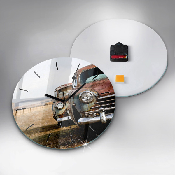 Round glass wall clock Old cars