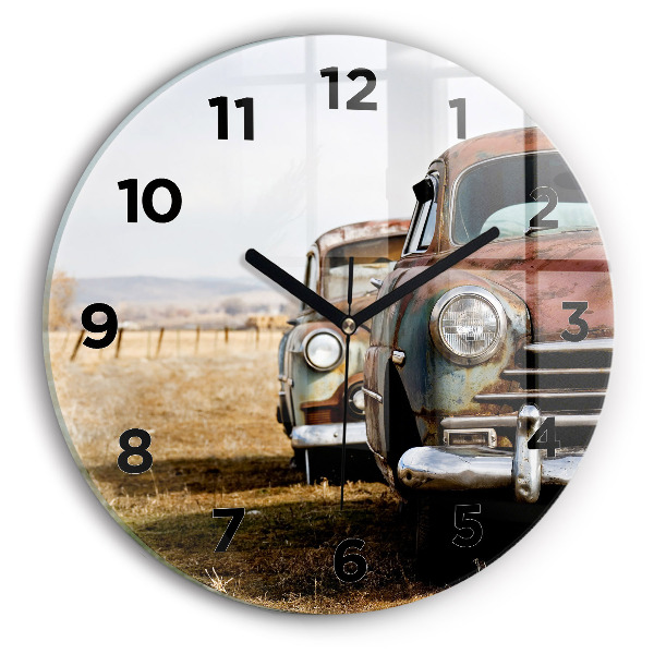 Round glass wall clock Old cars