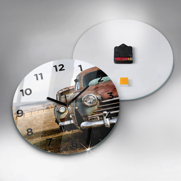 Round glass wall clock Old cars